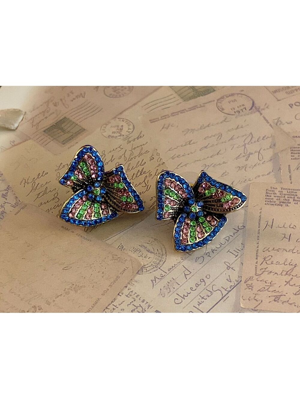 Signed Vintage Colorful Butterfly Stud Earrings with Sparkling Rhinestones
